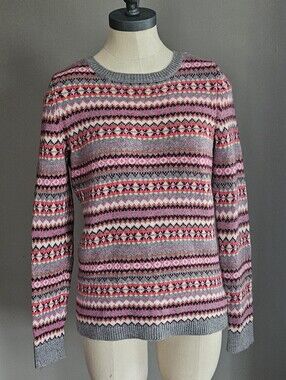 EUC Talbots Fair Isle Nordic Pink & Orange Wool Sweater Sz S / M